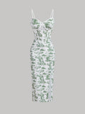 Women's Retro Palace Blue & White Floral Printed Fish Bone Strips Crop Top And Skirt Wedding Two Piece Set
