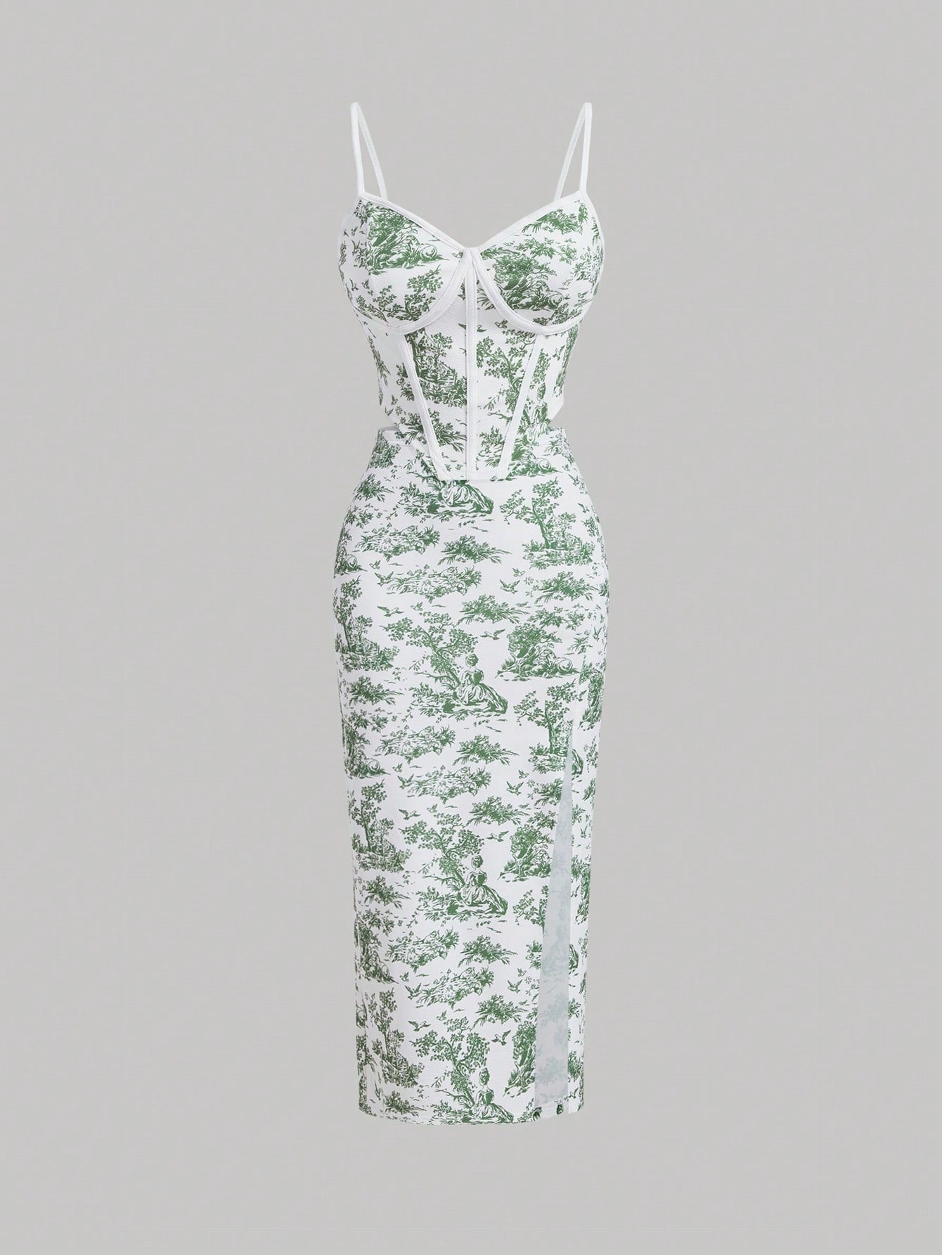 Women's Retro Palace Blue & White Floral Printed Fish Bone Strips Crop Top And Skirt Wedding Two Piece Set