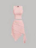 Beige Knitted Jacquard Women's Round Neck Vest And Asymmetrical Pink Women's Skirt Set