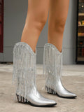 Double-Layer Tassel Mid-Heel Small Square Toe Slip-On Fashionable And Comfortable Trendy All-Match Knight Boots Western Boots Women's Mid-Calf Boots