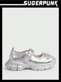 Sugerpunk Silver Mary Jane Flat Shoes With Thick Bottom, Bow Knot, Casual Women's Wedge Heel Sports Shoes