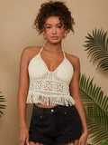 TRVLCHIC Fringe Hem Tie Backless Halter Cover Up Top
