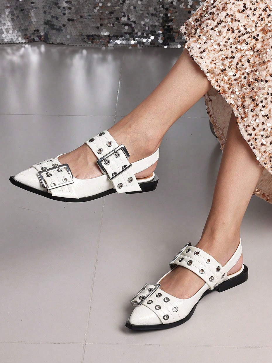 Women Metal Double Buckle Belt Decor Chunky Low Heel Comfort Pointy Toe Pumps Punk Back Strap Single Flat Shoes