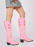 Pink Cowboy Boots For Women Round Toe Chunky Mid Heel Knee High Boots Pull On Embroidered Wedding Party Dress Cowgirl Boots