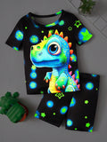 Young Boy Cartoon Print Glow-In-The-Dark Short Sleeve T-Shirt & Shorts Pajama Set,