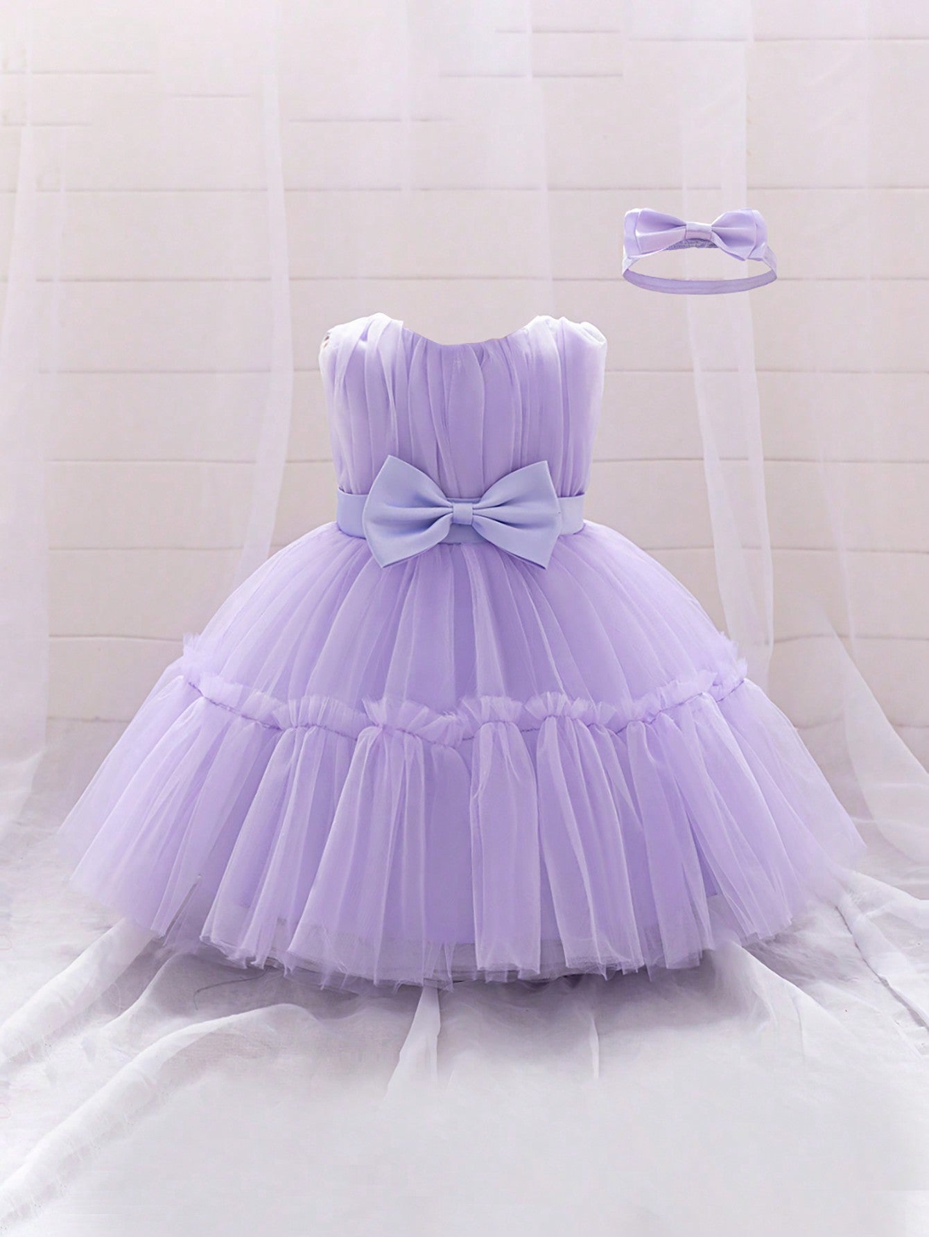 Young Girls' Solid Color Tulle Satin Dress With Waist Bowknot Decorations, Cute & Elegant Formal Dress, Comes With Hair Accessory Gift