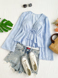 V-Neckline Ruffled Hem Tie-Front Bell-Sleeve Romantic Long Sleeve Shirt, Perfect For Vacation And Casual Wear