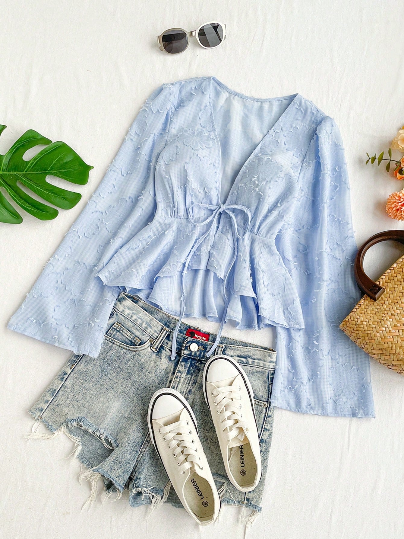 V-Neckline Ruffled Hem Tie-Front Bell-Sleeve Romantic Long Sleeve Shirt, Perfect For Vacation And Casual Wear