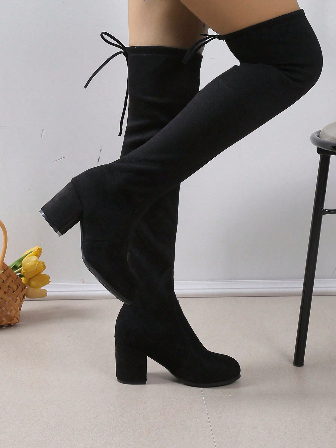 Women's Over-The-Knee Round-Toe Chunky Heel Suede Stretch Boots With Back Tie, Black, Fall/Winter Fashionable