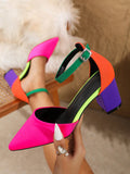 Women's Elegant Black Faux Suede Pointed Toe High Chunky Heel Pumps With Pearl Chain And Bow Accent