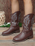 Women's V-Cut Western Style Embroidered Leather Mid-Calf Boots With Thick/Low Heel