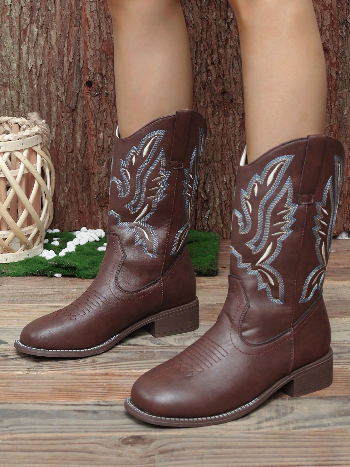 Women's V-Cut Western Style Embroidered Leather Mid-Calf Boots With Thick/Low Heel