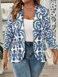 Plus Size Blue And White Printed Cuff Ruched Blazer