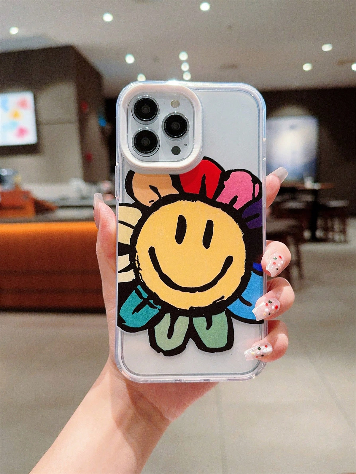 Floral 1pc Cow Pattern IPhone Case With Sun Smile Face Design, Anti-Drop & Precise Cutouts