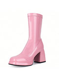 Go Go Boots For Women, With Square Toe, Chunky Heel And Side Zipper Design, Sassy And Glaring