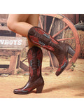Women's New Fashion Thick Heel Embroidered Mid-Calf Boots, Square Toe, Coffee Color