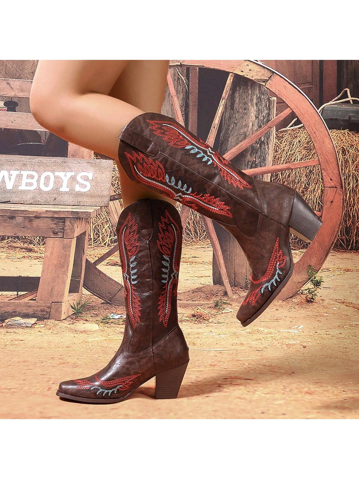 Women's New Fashion Thick Heel Embroidered Mid-Calf Boots, Square Toe, Coffee Color