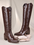 Women's Stone Cowboy Boots, Wide Calf Knee High Cowgirl Boots With Side Zipper, Almond Toe Mid Heel Retro Fashion Tall Cowgirl Boot Pull On For Ladies