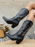 Women's Western Cowboy Boots Pointed Toe Mid-Calf Booties Embroidered Chunky Heel  Boots Fashion Boots