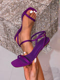 Women's Fashionable Party Square Toe Lycra Purple Sandals With 5.5cm Crystal Heels