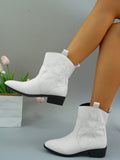 New Arrival Fall & Winter White Embroidered Western Ankle Boots With Chunky Heel, Round Toe, Printed Pattern And Comfortable Fit, Suitable For Casual And Work Wear