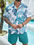 Men's Plus Size Tropical Plant Printed Short Sleeve Shirt And Shorts Casual Outfit, Summer Vacation
