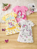 3pcs Young Girl's Unicorn Flying Sleeve Knitted Comfortable Loose Flame Retardant Nightgowns For Summer