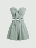 Solid Color Strapless Crop Top And Shirred Shorts, Summer Slim Fit 2pcs/Set