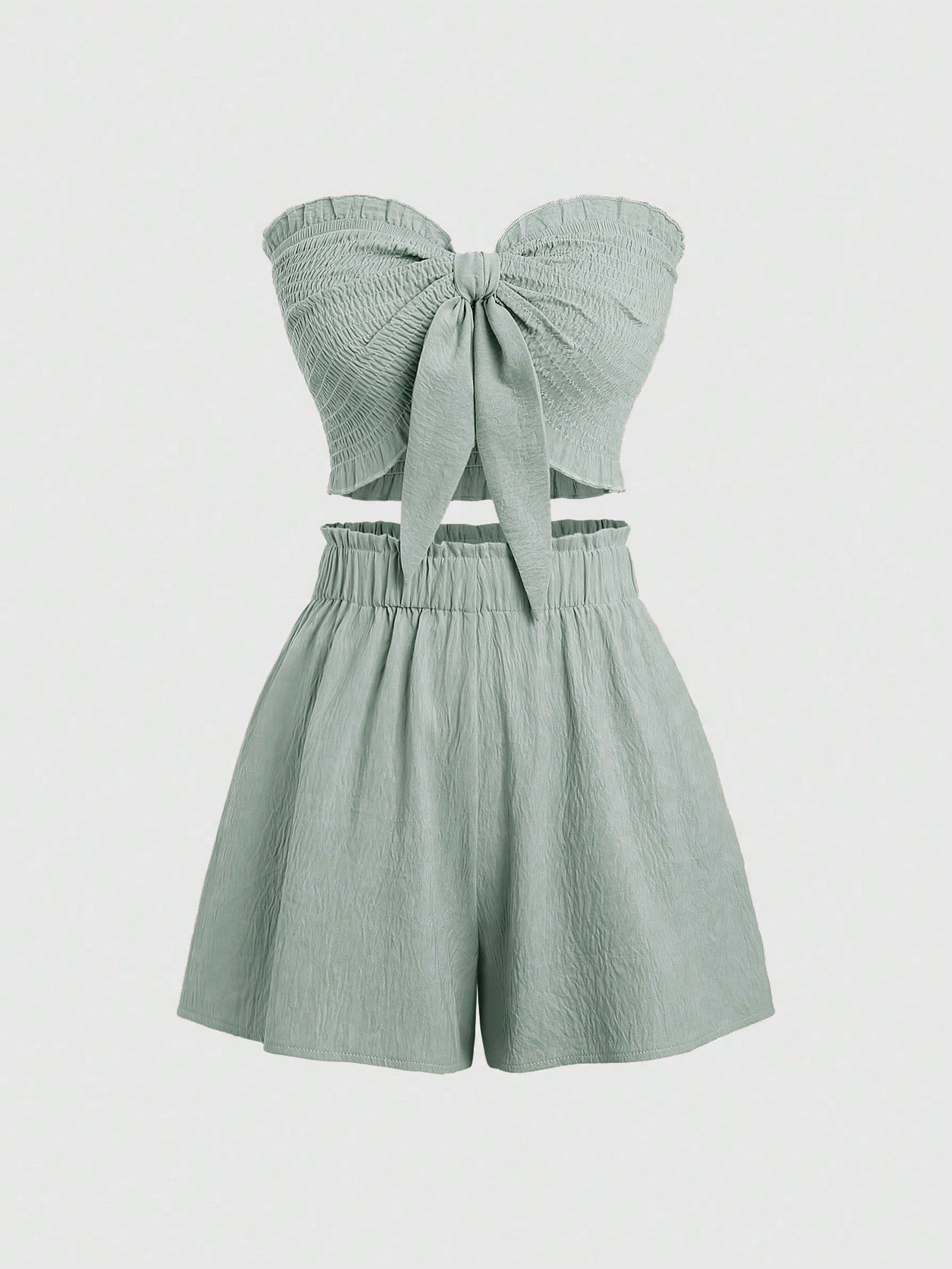 Solid Color Strapless Crop Top And Shirred Shorts, Summer Slim Fit 2pcs/Set