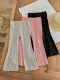 Young Girl Knitted Solid Color Casual Wide Leg Bell Bottom Pants, Versatile Knit Stripes Trousers