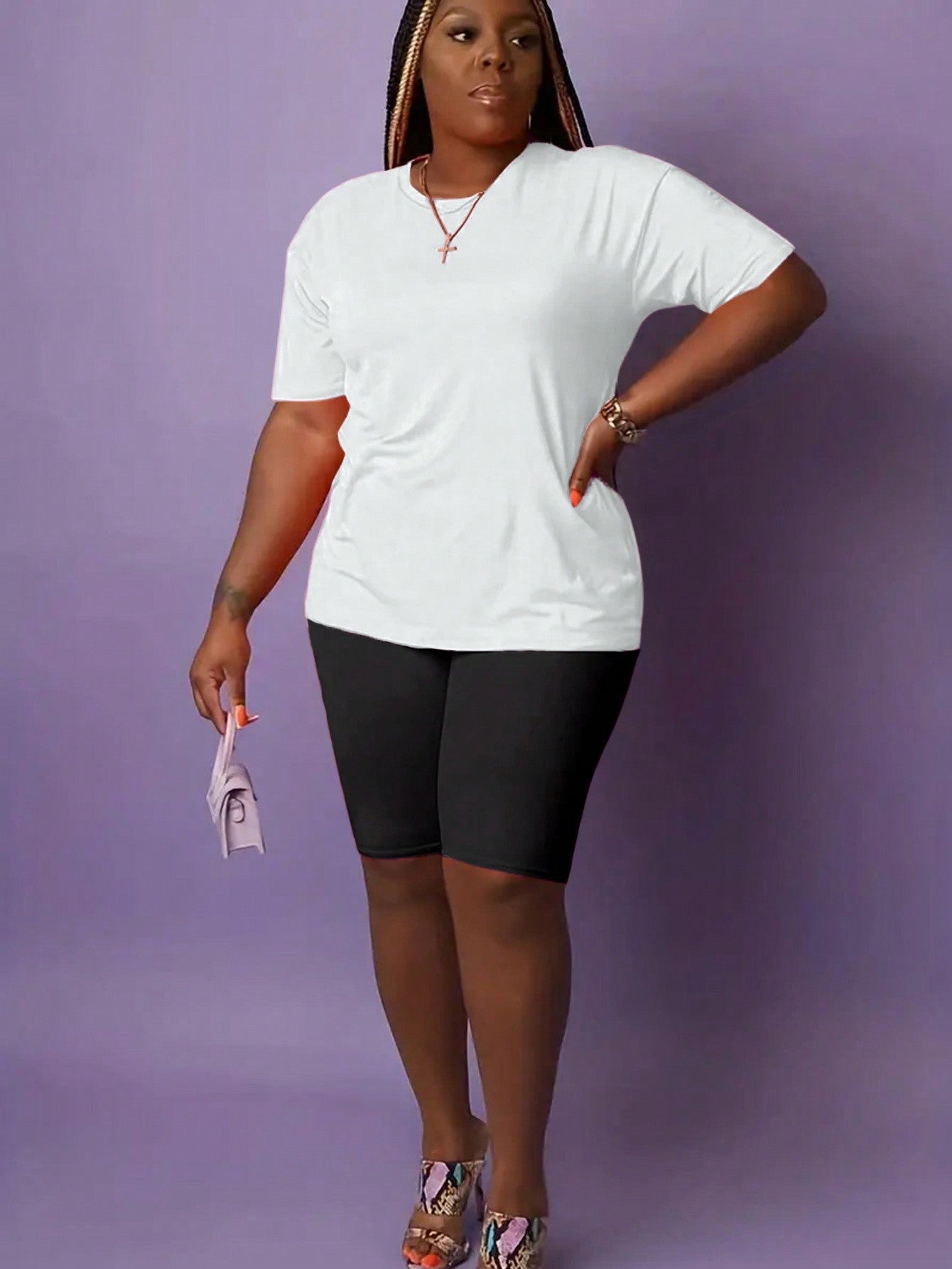 Plus Size Women Solid Color Round Neck Short Sleeve Casual T-Shirt And Shorts Set For Summer