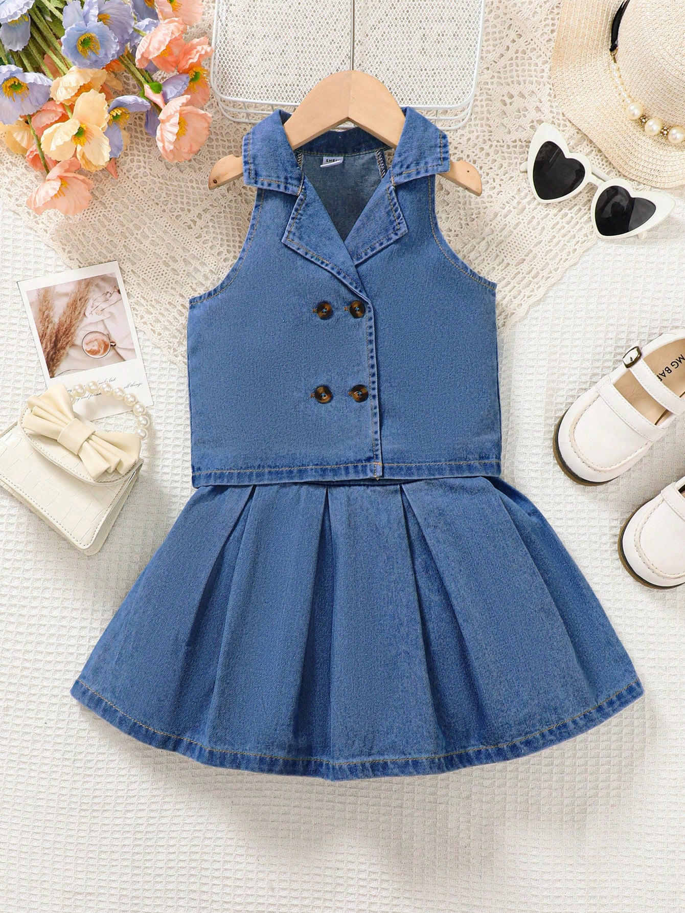 Young Girl Fashionable Lapel Collar Denim Top And Pleated Denim Skirt