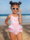 Young Girl Summer Beach Contrast Color Swimsuit With Ruffle Hem And Swan Print