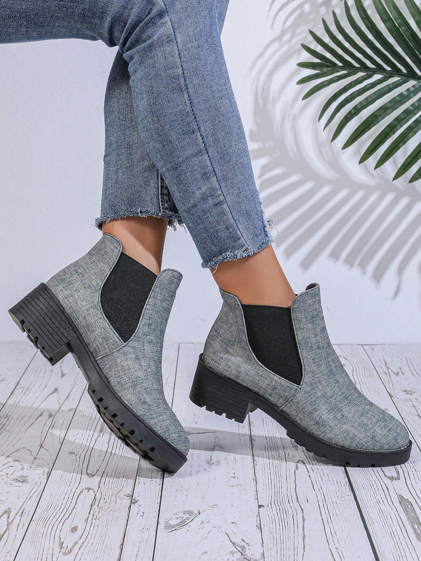 Chunky Heel Thick Sole Short Boots For Women, Autumn & Winter, Slip-On Style With Round Toe And Elastic Band, Fashionable Design
