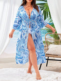Swim Lushore Plus Allover Print Drawstring Waist Kimono For Summer Vacation