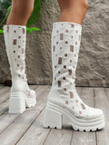 New Arrival Women's Casual Mesh High Heel Thick Sole White Over-The-Knee Boots With Chunky Heel, Platform And Back Zip Fashion Boots