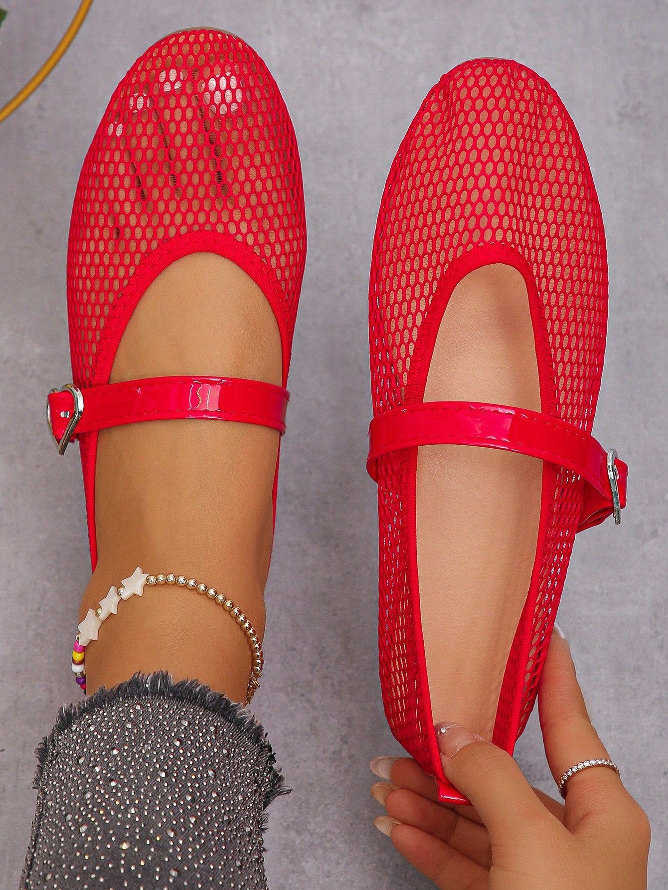 Breathable Mesh Ballet Flats With Cutout Fishnet Design, Slip-On