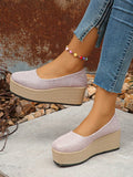 Women's Pink Embroidered Lace Wedge Heels With  Rope Sole, Elegant And Sweet Slip-On Anti-Slip Thick-Soled Shoes For Daily Wear In Spring & Autumn