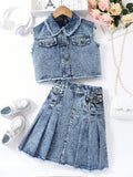 Streecool Kids Teen Girls' Frayed Distressed Washed Denim Shirt Top With Pleated Skirt Jeans Set