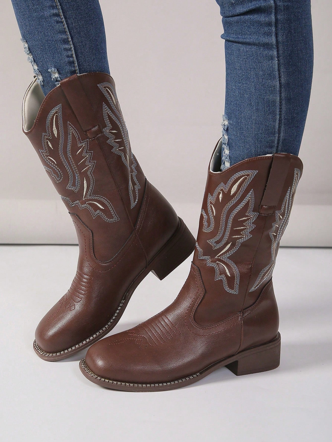 Women's Fashionable Square-Toed Big Size Embroidered Western Boots, Coffee Brown, Slip-On Type
