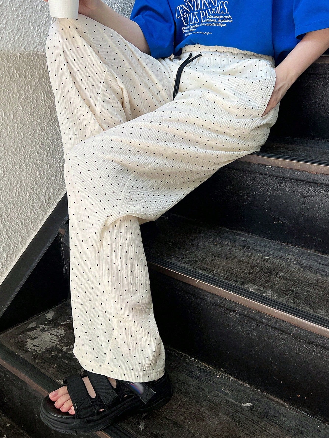 FRIFUL Women's Drawstring Waist Polka Dot Printed Wide Leg Loose Casual Pants