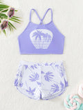 Cute Young Girl Two-Piece Coconut Tree Print Bikini Set And Swim Shorts Set Summer Beach