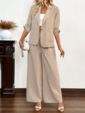 Roll Tab Sleeve Blazer & Wide Leg Pants For Dailywear