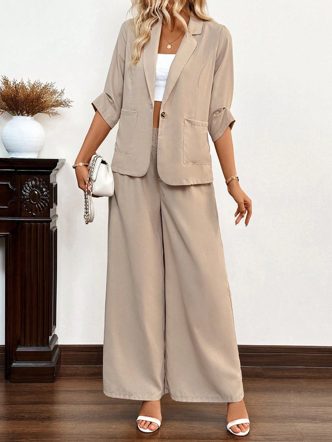 Roll Tab Sleeve Blazer & Wide Leg Pants For Dailywear
