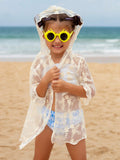 Little Girls' Flower Pattern Hooded Cardigan With Lace, Casual Long Sleeve Kimono Jacket