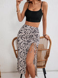 Women's Solid Color Cropped Camisole Top And Ditsy Floral Drawstring Split Hem Skirt Two-Piece Set For Vacation