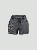 Teenage Girls' Black Embroidered Stretchy Washed Denim Shorts With Pentagram Design