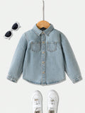 Young Boy Casual Fashion Comfortable Simple Look Loose Blue Long Sleeve Denim Shirt Top For Vacation And Dailywear