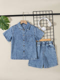 Streecool Kids Tween Boys' Casual Comfortable Simple Denim Jacket And Shorts Set