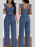 Women's Summer Solid Color Sweetheart Neck Cap Sleeve Crop Top And Waist Tie Long Pants Set